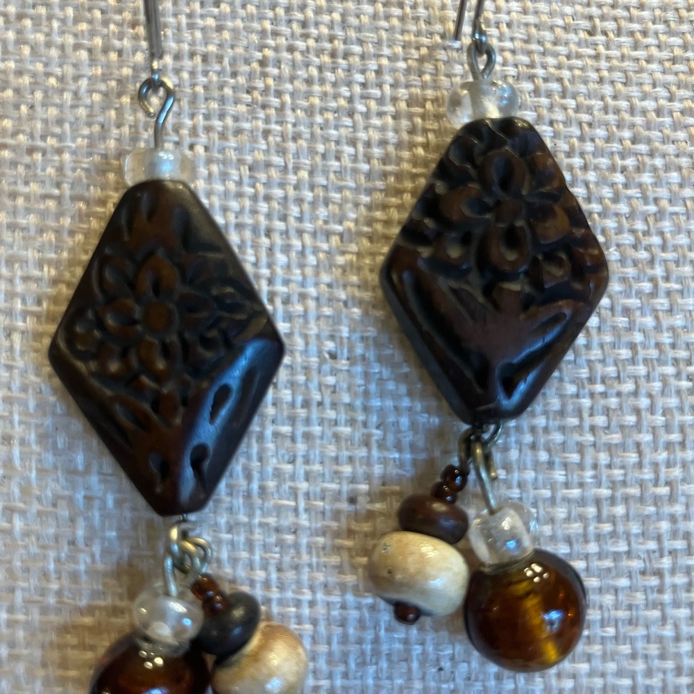 Handcrafted Brown Floral Carved Horn Dangle Earrings - Women Jewelry
